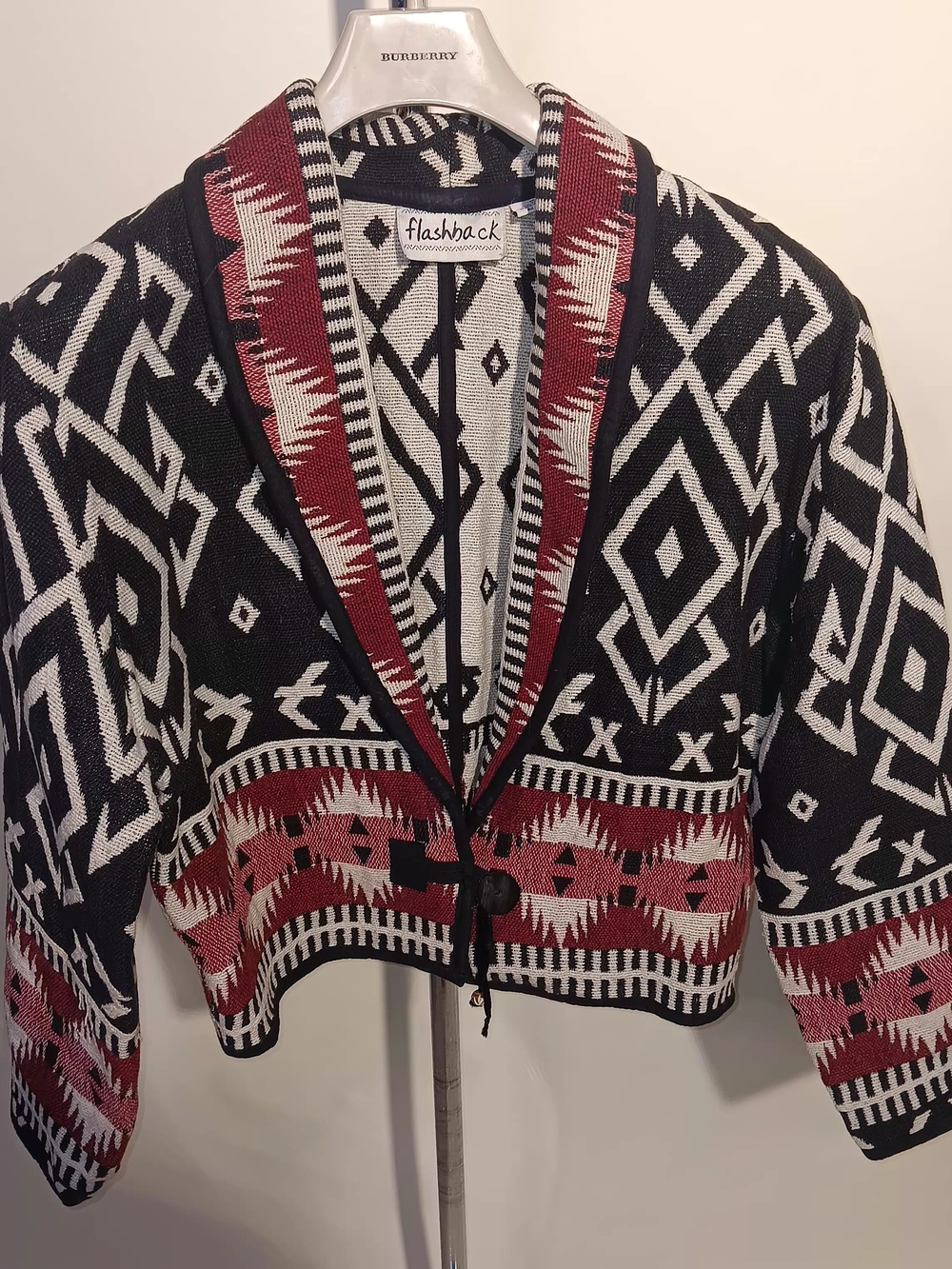 Flashback Black & Burgundy Geometric Shawl-Collar Jacket